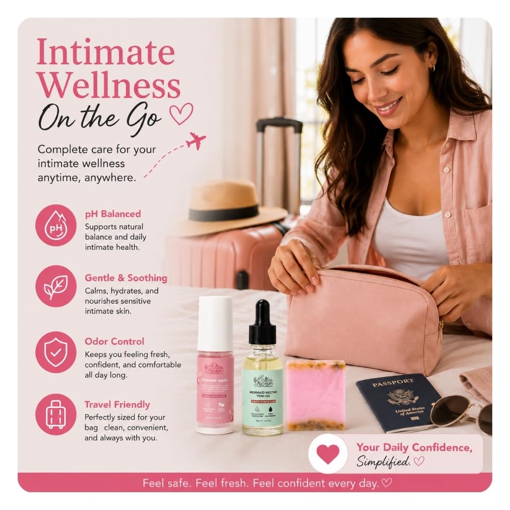 Mila Miamor Intimate Wellness Travel Set for Women | Feminine Wash, Yoni Oil & Yoni Soap Bar | pH Balanced Daily Feminine Care | Hydrating, Soothing & Odor Control | Travel Size Intimate Hygiene Kit