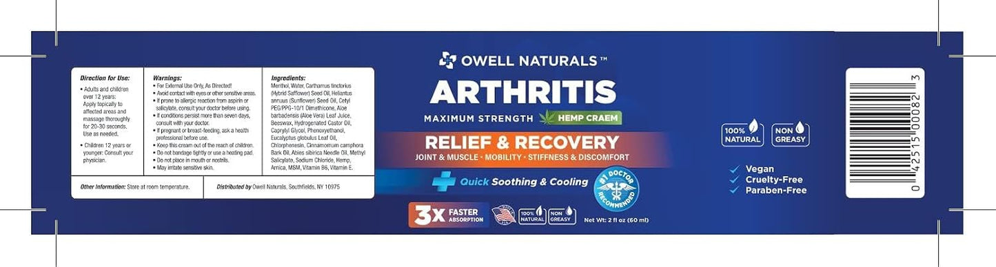 Owell Naturals Joint & Muscle Cream, Deep Penetrating, Maximum Strength Relief & Recovery for Joint & Muscles, Back, Knee, Legs, Hands, 2 Fl Oz