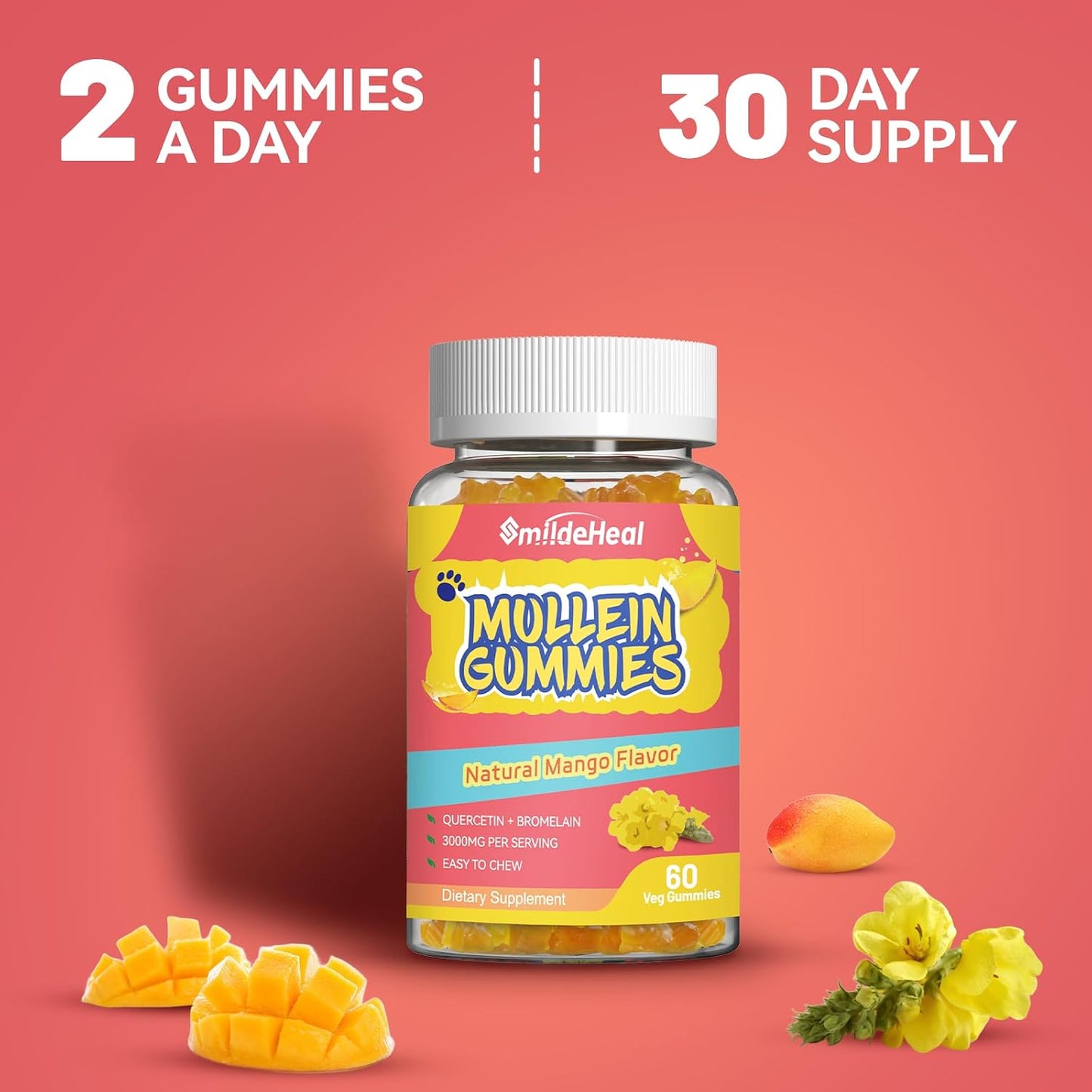 3000MG Mullein Gummies, Mullein Leaf Extract for Lungs, 60 Count | Sugar Free Mullein Gummies with Bromelain & Quercetin, Vegan