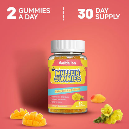 3000MG Mullein Gummies, Mullein Leaf Extract for Lungs, 60 Count | Sugar Free Mullein Gummies with Bromelain & Quercetin, Vegan