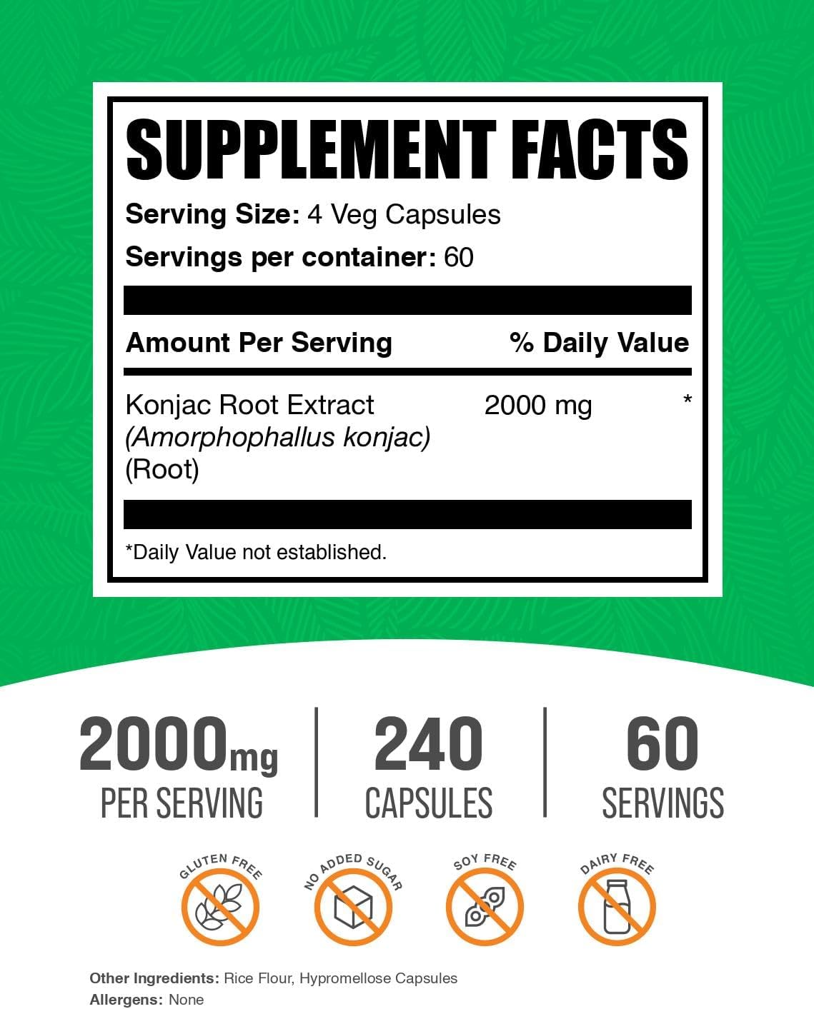 BulkSupplements.com Glucomannan Capsules - as Konjac Root Extract, Glucomannan Supplements, Herbal Supplement - Gluten Free, 4 Capsules per Serving, 240 Count (Pack of 1)