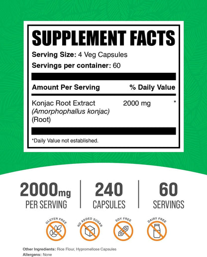 BulkSupplements.com Glucomannan Capsules - as Konjac Root Extract, Glucomannan Supplements, Herbal Supplement - Gluten Free, 4 Capsules per Serving, 240 Count (Pack of 1)