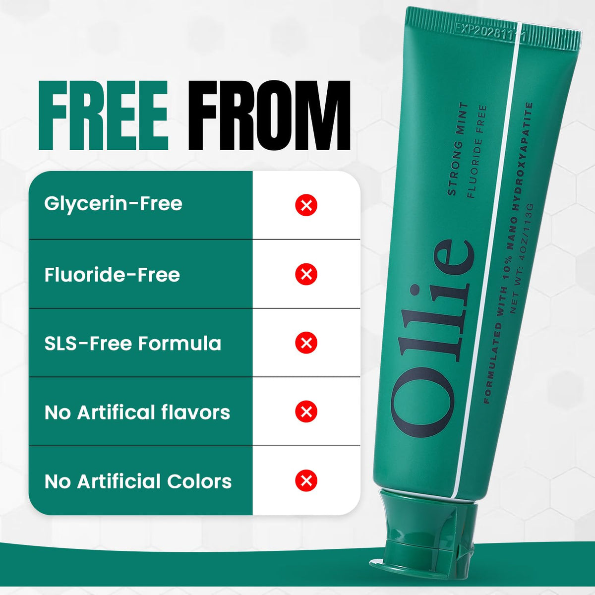 Ollie Fluoride Free 10% Nano Hydroxyapatite Toothpaste, Clean Mint, 1 Pack