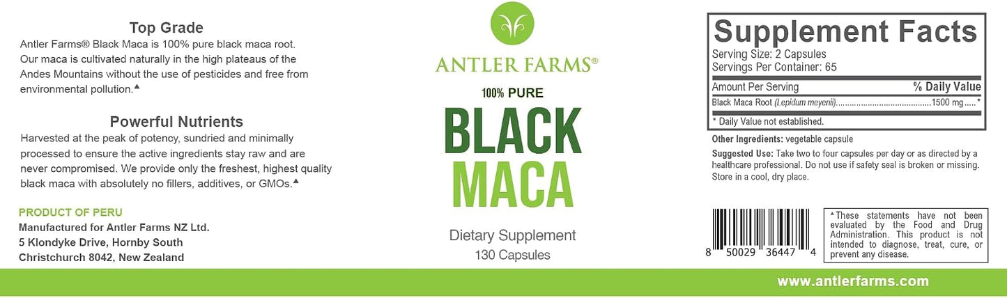 Antler Farms 100% Pure Black Maca Root, 130 Capsules, 1500mg | Grown in the Junin Plateau in Peru, Male Energy, Vitality & Stamina, Hormonal Balance, Memory & Mental Clarity