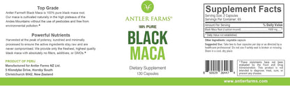 Antler Farms 100% Pure Black Maca Root, 130 Capsules, 1500mg | Grown in the Junin Plateau in Peru, Male Energy, Vitality & Stamina, Hormonal Balance, Memory & Mental Clarity