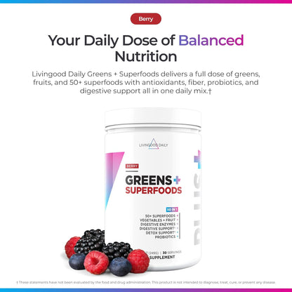 Livingood Daily Greens & Superfood Powder, Super Greens for Gut Health, Green Juice Powder with Spirulina, Chlorella, and Digestive Enzymes, Probiotics for Digestive Support, Berry, 30 Servings
