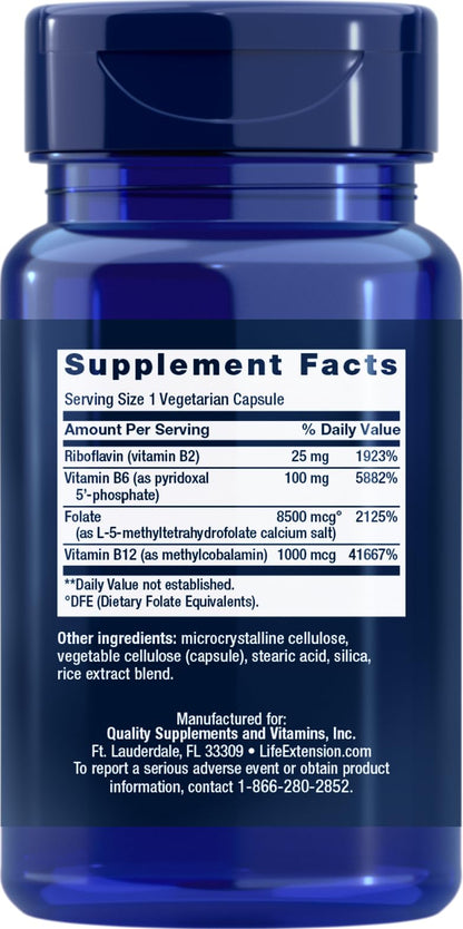 Life Extension Homocysteine Resist Vegetarian Capsules, 60 Count | Vitamin B2, B6, B12 & Folate as L-5-MTHF Support Heart & Brain Health, Once Daily, Gluten Free, Non-GMO & Vegetarian