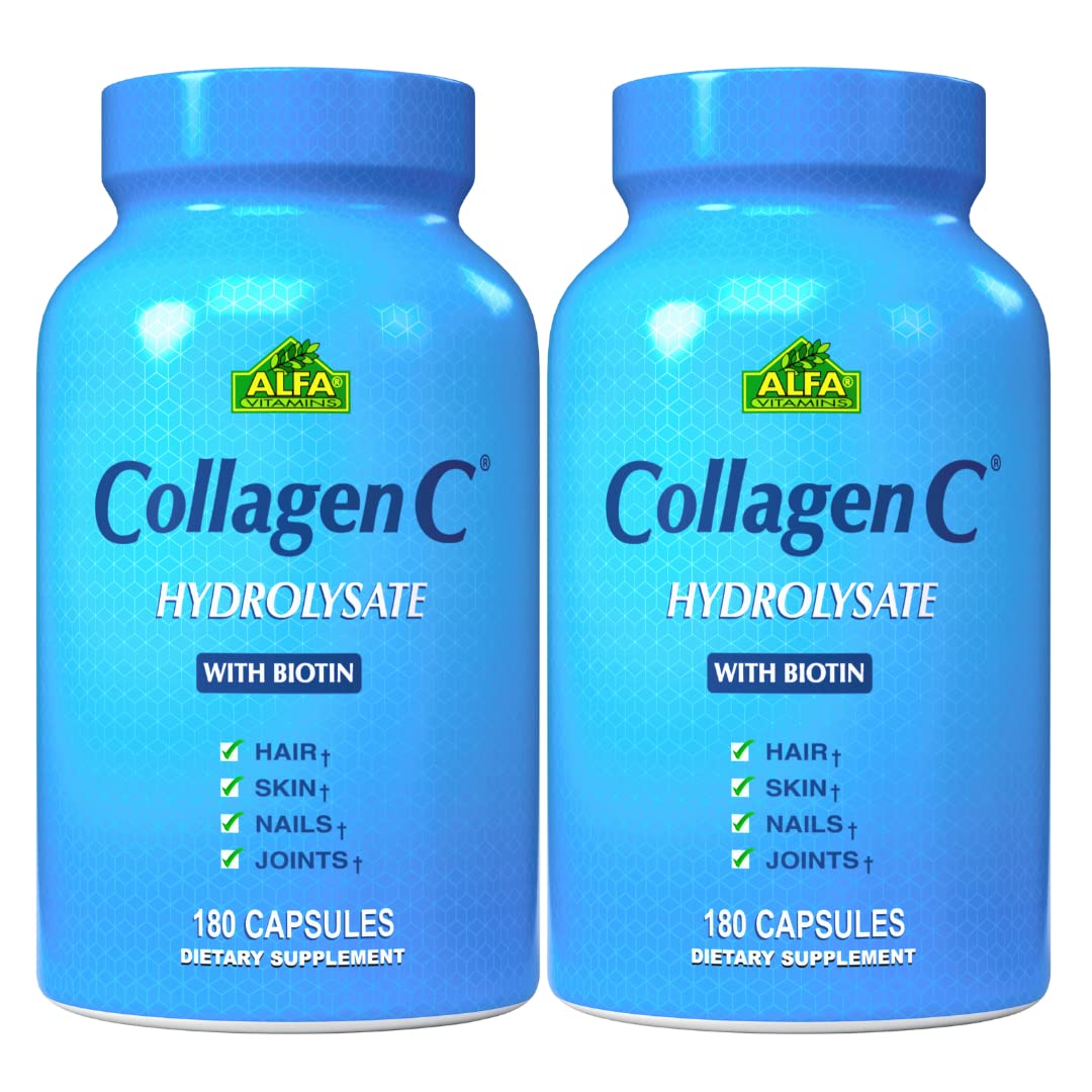 ALFA VITAMINS CollagenC Collagen Hydrolysate Capsules with Biotin - Anti-Aging Nutritional Supplement for Skin, Nails & Hair Rejuvenation - Supports Bone & Muscle - Made in USA - 180 Capsules - 1 Pack