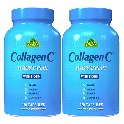 ALFA VITAMINS CollagenC Collagen Hydrolysate Capsules with Biotin - Anti-Aging Nutritional Supplement for Skin, Nails & Hair Rejuvenation - Supports Bone & Muscle - Made in USA - 180 Capsules - 1 Pack