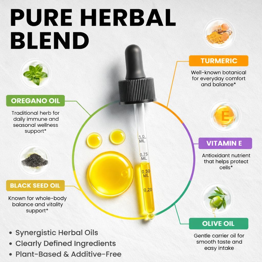 Oil of Oregano Drops with Black Seed Oil, 80% Carvacrol, 8 Month Supply | Immune, Digestive, Detox & Natural Cleanse for Humans*, Undiluted Oregano Oil with Turmeric Oil, Vitamin E & Olive Oil Based