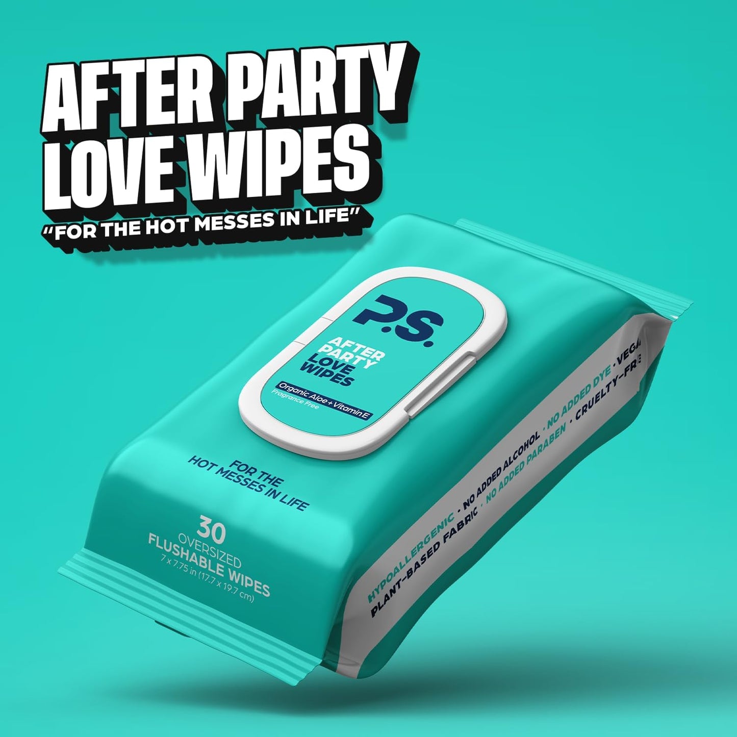 PS Afterparty Love Wipes for Adults, Aloe & Vitamin E, 30 Count, 1 Pack | Plant based, vegan & pH balanced, paraben free, sulfate free, dye free, flushable & septic safe, oversized 7 x 7.75 in
