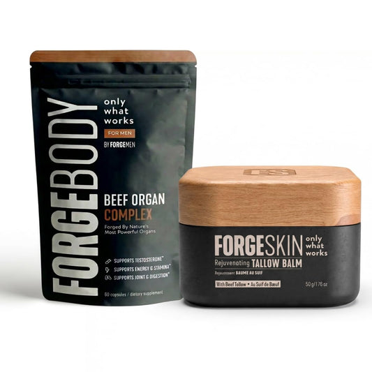 Forge Skin FORGE MEN Prime Male Anti-Aging + Health Optimization Bundle Wrinkle Defense Beef Tallow Balm Moisturizer + FORGEBODY® Beef Organ Complex Capsules Supplement for Body & Brain Function