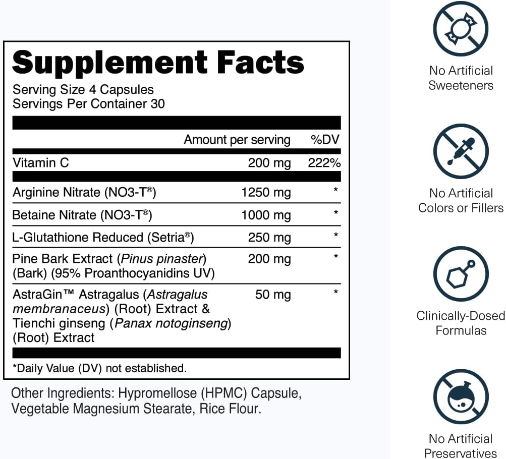 Transparent Labs Nitric Oxide - Nitric Oxide Booster for Men and Women with Arginine Nitrate, Betaine Nitrate, Pine Bark Extract, and Astragin for Nitric Oxide Flow - 120 Count