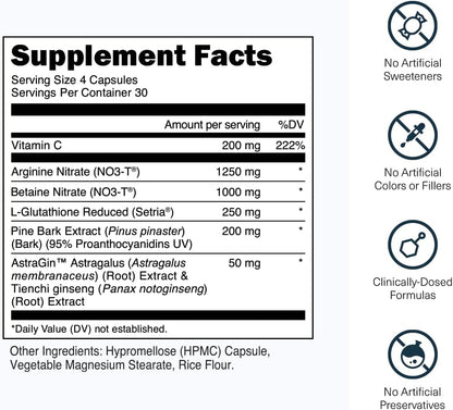 Transparent Labs Nitric Oxide - Nitric Oxide Booster for Men and Women with Arginine Nitrate, Betaine Nitrate, Pine Bark Extract, and Astragin for Nitric Oxide Flow - 120 Count