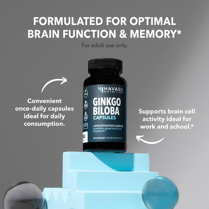 Ginkgo Biloba 120mg with Phosphatidylserine, Nootropic Supplement, 60 Count | Nootropic Brain Health, Memory and Focus Supplement, Supports Cognitive Function & Mental Clarity, 2-Month Supply