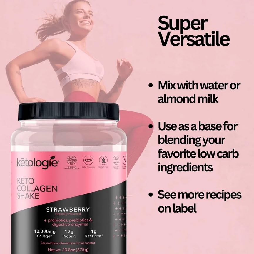 Ketologie Keto Collagen Shake (Strawberry) - with Coconut Oil, Probiotics, Grass Fed Hydrolyze