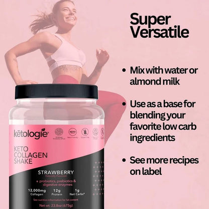 Ketologie Keto Collagen Shake (Strawberry) - with Coconut Oil, Probiotics, Grass Fed Hydrolyze