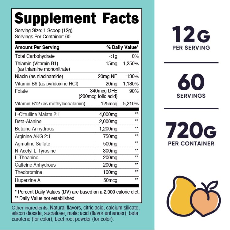 Nutricost Pre-Workout Powder for Women, Peach Mango, 60 Servings