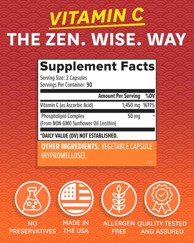 Zenwise Health Liposomal Vitamin C Supplement - Immune Antioxidant - 180 CT | 180 Capsules, 1500mg Liposomal, Enhanced Absorption, Vegan, Organic, Gluten Free, Unflavored