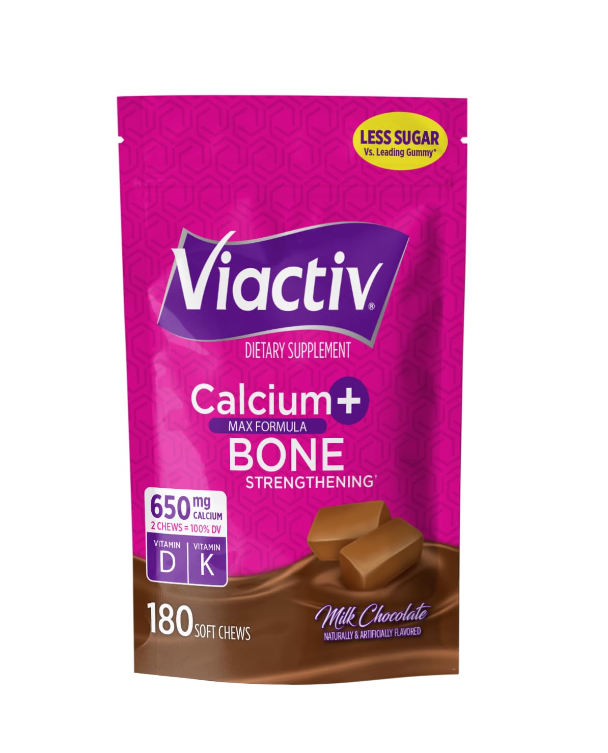 Viactiv Calcium + Vitamin D Supplement Soft Chews for Women & Men - Chewable Calcium for Bone Health Support, 650 mg per Serving, Vitamin D & K for High Absorption - 60 Count, Caramel