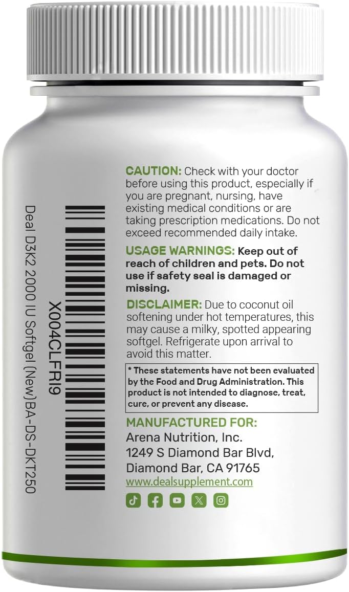 DEAL SUPPLEMENT Vitamin D3 2,000 IU + K2 MK7 50mcg Softgels | 2-in-1 Complex with Virgin Coconut Oil | Supports Heart, Bone, Teeth & Immune Health | Easy to Swallow
