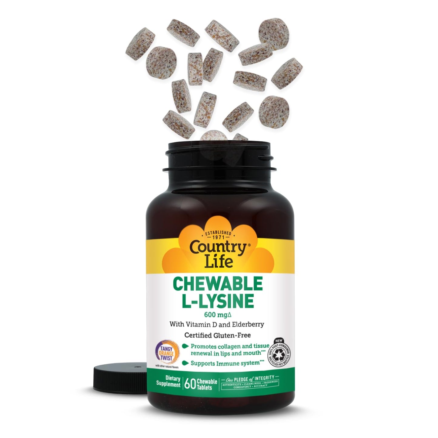 Country Life Chewable L-Lysine Supplement with Vitamin D and Elderberry, Immune Support and Collagen Renewal for Skin Tissue, Ideal for Adults