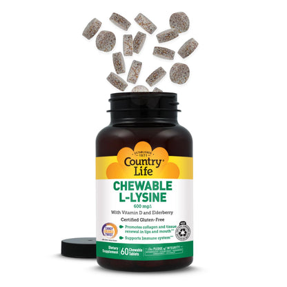 Country Life Chewable L-Lysine Supplement with Vitamin D and Elderberry, Immune Support and Collagen Renewal for Skin Tissue, Ideal for Adults