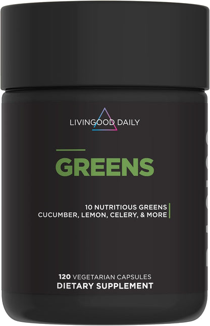Livingood Daily Greens Capsules, Super Greens Supplement with Spirulina, Chlorella, Broccoli, Spinach, Celery, Lemon & More, Plant Based for Digestion & Gut Health, Non GMO, Vegetarian, 120 Ct