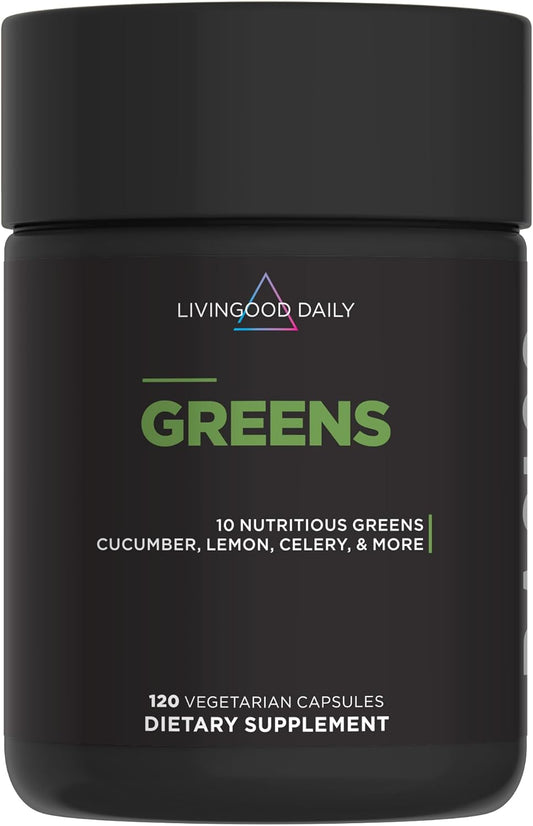 Livingood Daily Greens Capsules, Super Greens Supplement with Spirulina, Chlorella, Broccoli, Spinach, Celery, Lemon & More, Plant Based for Digestion & Gut Health, Non GMO, Vegetarian, 120 Ct