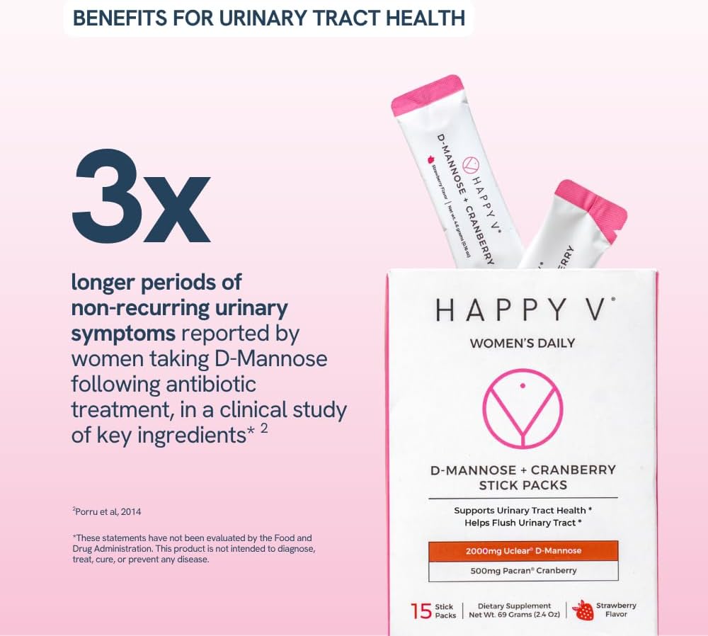 Happy V D-Mannose + Cranberry Stick Packs | Dr Formulated Urinary Tract Support Supplement | D Mannose Supplements for Women - Bladder Support - Promotes Urinary Comfort - 15 Stick Packs