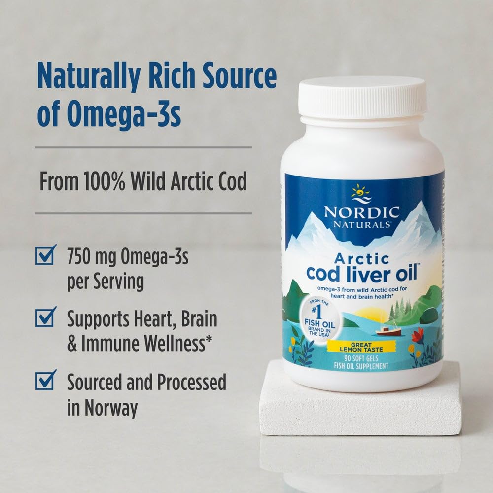 Nordic Naturals Arctic Cod Liver Oil, Lemon - 180 Soft Gels - 750 mg Total Omega-3s with EPA & DHA - Heart & Brain Health, Healthy Immunity, Overall Wellness - Non-GMO - 60 Servings | 750mg Total Omega-3s per serving. Heart & brain health, immunity suppor