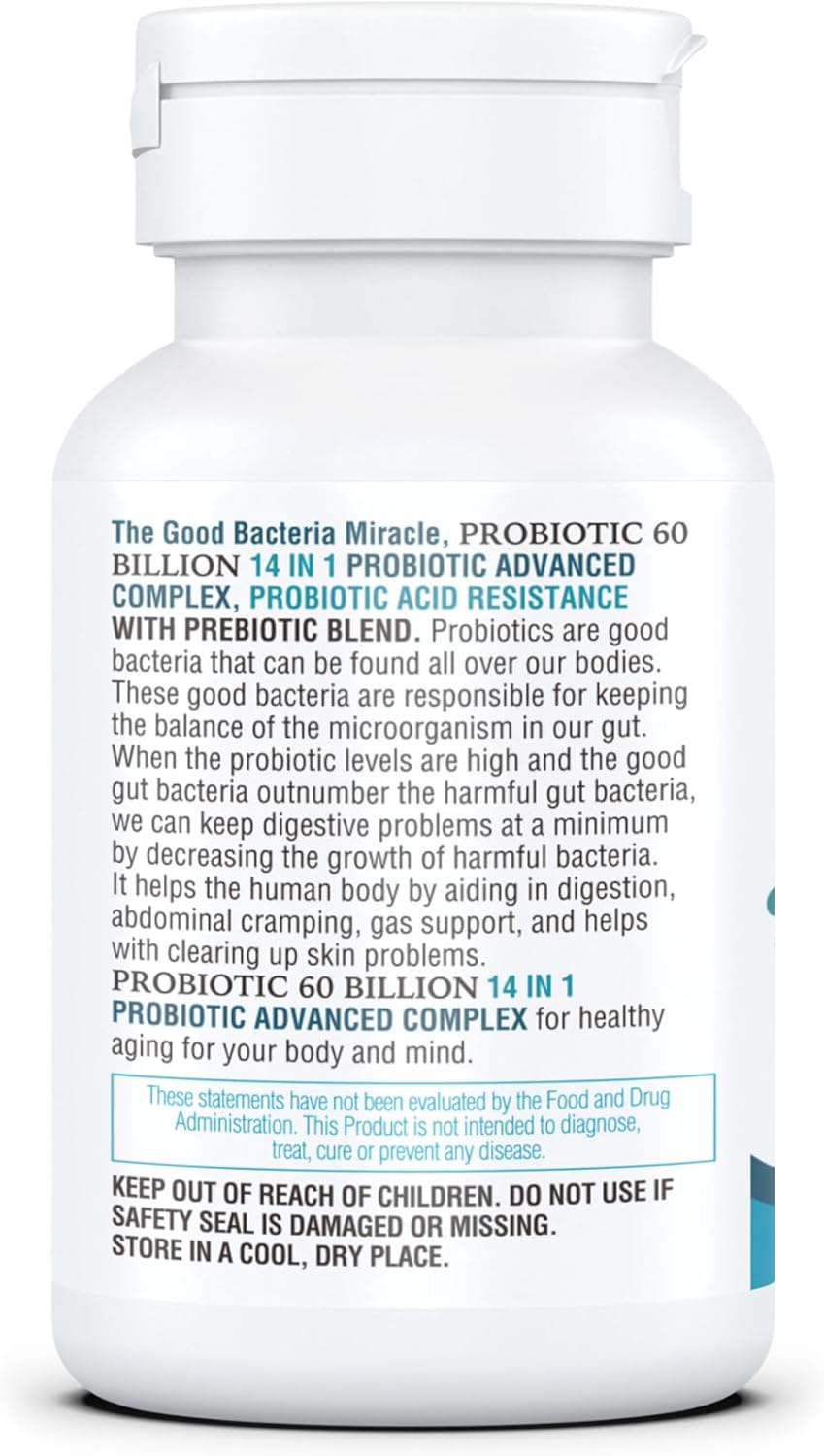 KAPPA NUTRITION Probiotic 60 Billion CFU 14 in 1 Formula with Prebiotics & Acidophilus for Women, Men & Adults, Shelf Stable, Acid Resistant, Natural Supplement 60 Capsules.