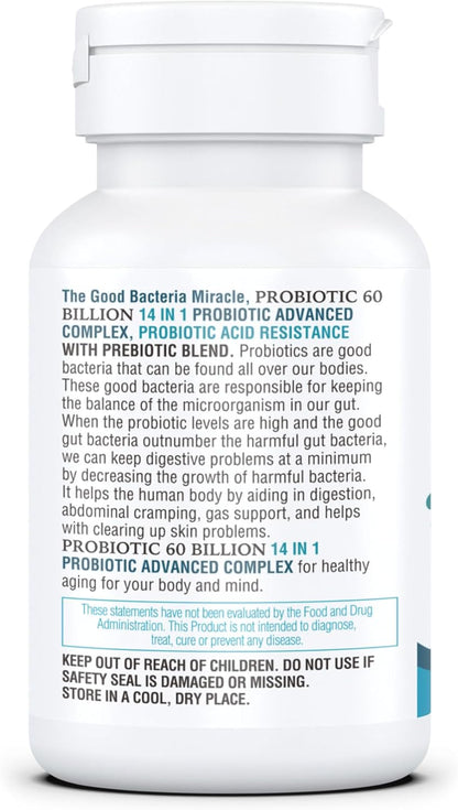 KAPPA NUTRITION Probiotic 60 Billion CFU 14 in 1 Formula with Prebiotics & Acidophilus for Women, Men & Adults, Shelf Stable, Acid Resistant, Natural Supplement 60 Capsules.
