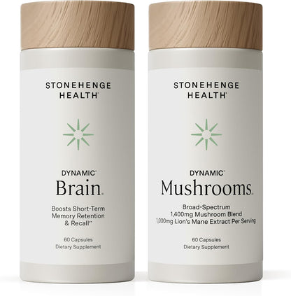 Stonehenge Health Dynamic Brain + Dynamic Mushrooms Bundle Memory Acquisition, Retention, & Recall with 40 Unique Nootropic Brain & Immune System Support