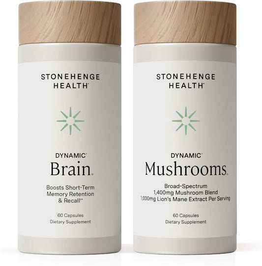 Stonehenge Health Dynamic Brain + Dynamic Mushrooms Bundle Memory Acquisition, Retention, & Recall with 40 Unique Nootropic Brain & Immune System Support