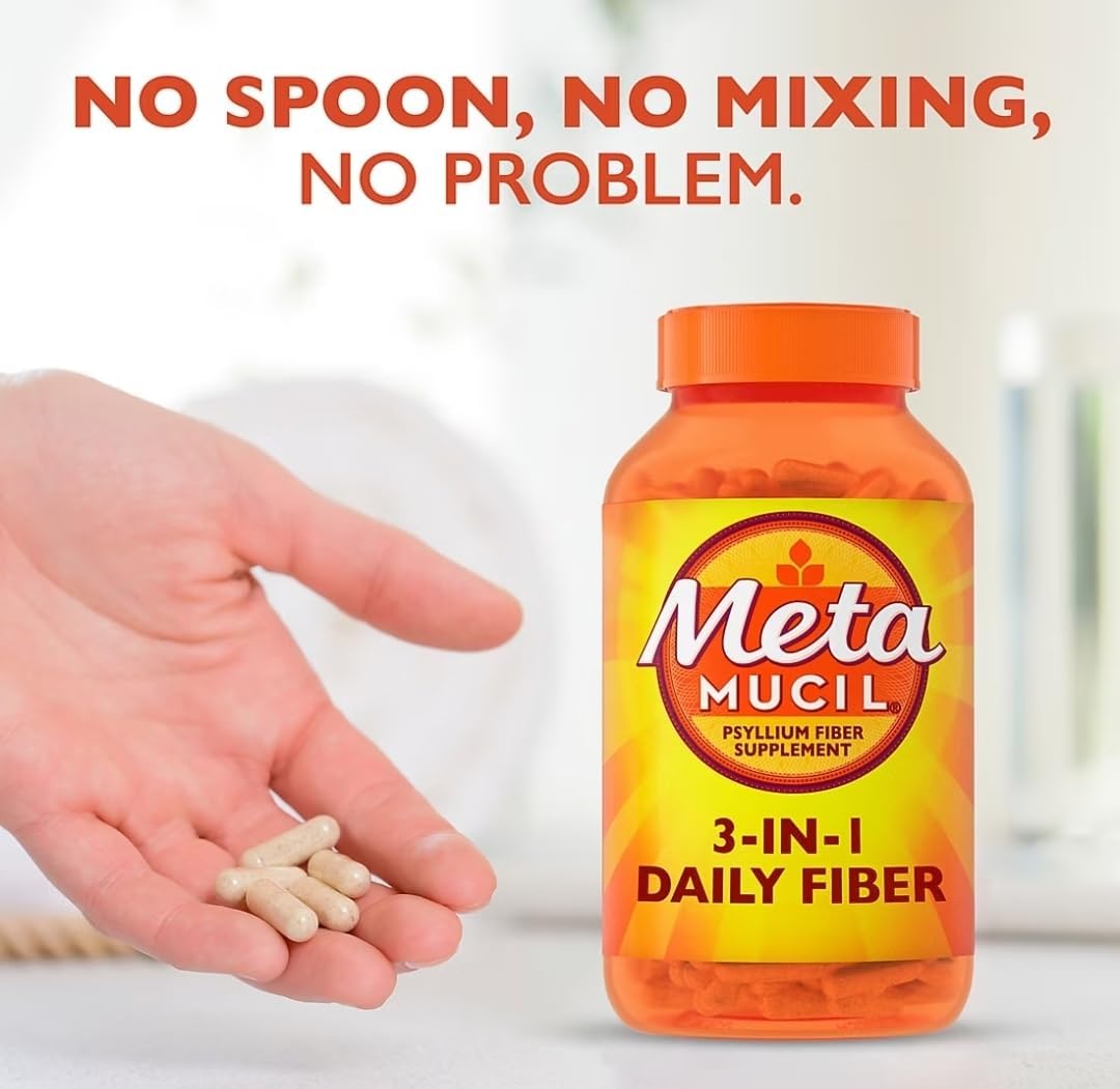 Metamucil 3-in-1 Fiber Capsules, Daily Psyllium Husk Fiber Supplement for Digestive Health, Plant Based Fiber Supplement, 340 Capsules (Pack of 1)