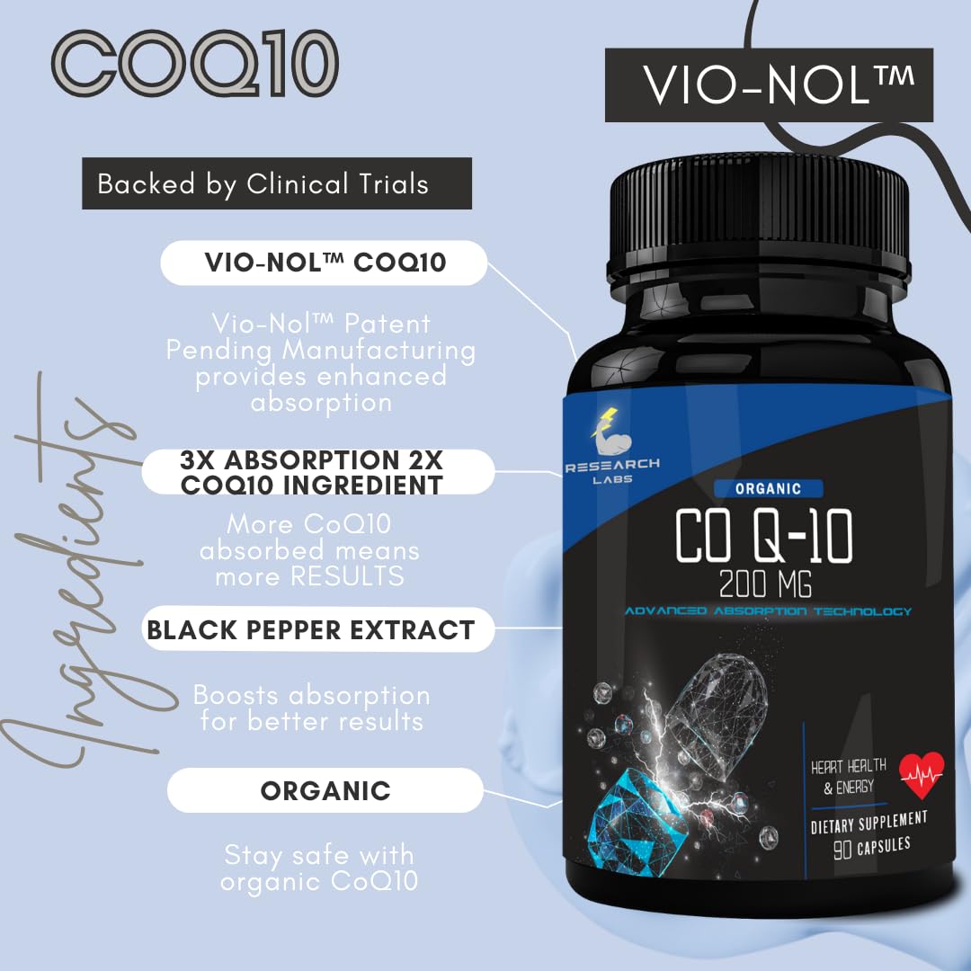 Research Labs 180 Softgels Advanced Absorption 200mg CoQ10 w/Black Pepper Extract. 2 for 1 Ad. Organic, Gluten Free, Heart Health Support, Energy Production, Antioxidant Supplement