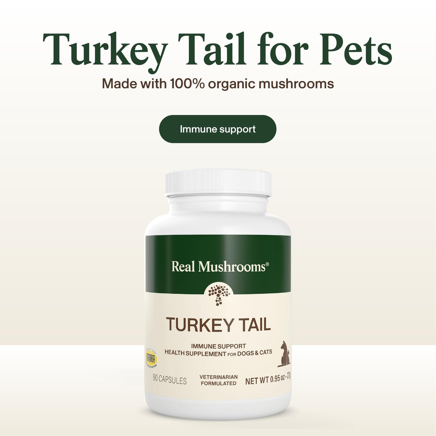 Real Mushrooms Turkey Tail Capsules for Pets –Cat Probiotics & Dog Vitamins – Organic Mushroom Supplement for Dogs & Cats – Supports Daily Balance & Well-Being Non-GMO, 90 ct