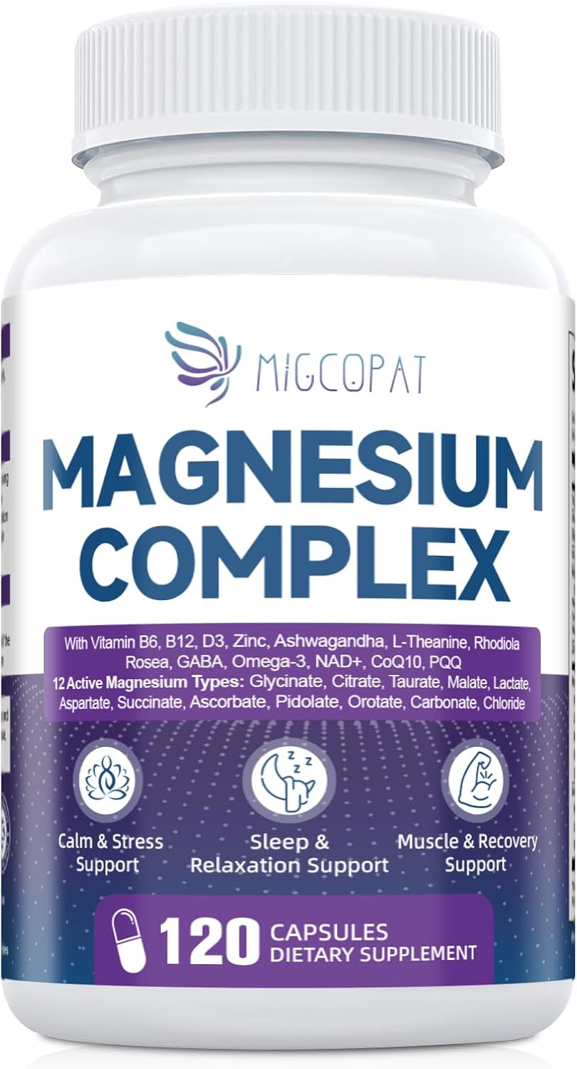 Migcopat Magnesium Complex w/Magnesium Glycinate, Malate, Citrate | 24-in-1 Magnesium Supplement w/Ashwagandha, L-Theanine & NAD+ | Supports Calm, Energy, Muscle & Sleep | Non-GMO, 120 Vegan Caps