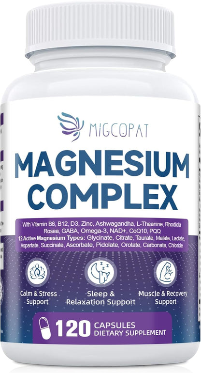 Migcopat Magnesium Complex w/Magnesium Glycinate, Malate, Citrate | 24-in-1 Magnesium Supplement w/Ashwagandha, L-Theanine & NAD+ | Supports Calm, Energy, Muscle & Sleep | Non-GMO, 120 Vegan Caps