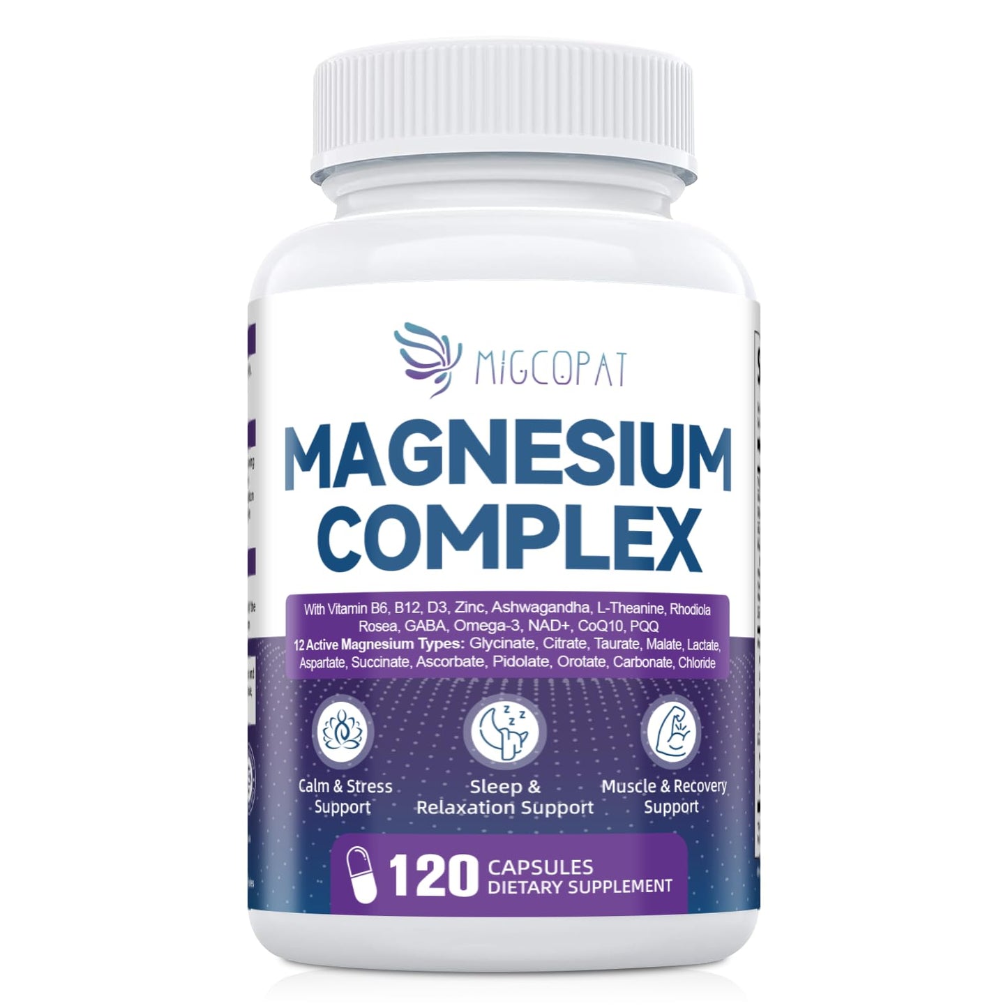 Migcopat Magnesium Complex w/Magnesium Glycinate, Malate, Citrate | 24-in-1 Magnesium Supplement w/Ashwagandha, L-Theanine & NAD+ | Supports Calm, Energy, Muscle & Sleep | Non-GMO, 120 Vegan Caps