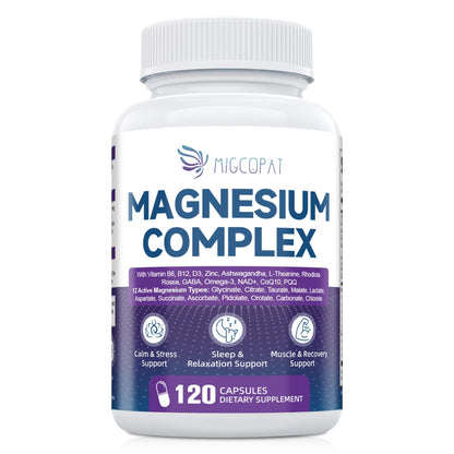 Migcopat Magnesium Complex w/Magnesium Glycinate, Malate, Citrate | 24-in-1 Magnesium Supplement w/Ashwagandha, L-Theanine & NAD+ | Supports Calm, Energy, Muscle & Sleep | Non-GMO, 120 Vegan Caps