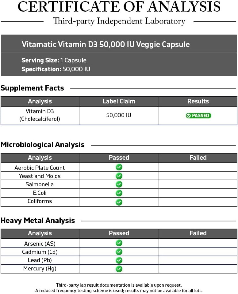 Vitamatic Vitamin D3 50,000 IU Once Weekly, 60 Veg Capsules, Made in USA | Supports Bone, Teeth & Immune Health*, Non GMO, Gluten Free
