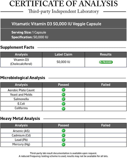 Vitamatic Vitamin D3 50,000 IU Once Weekly, 60 Veg Capsules, Made in USA | Supports Bone, Teeth & Immune Health*, Non GMO, Gluten Free