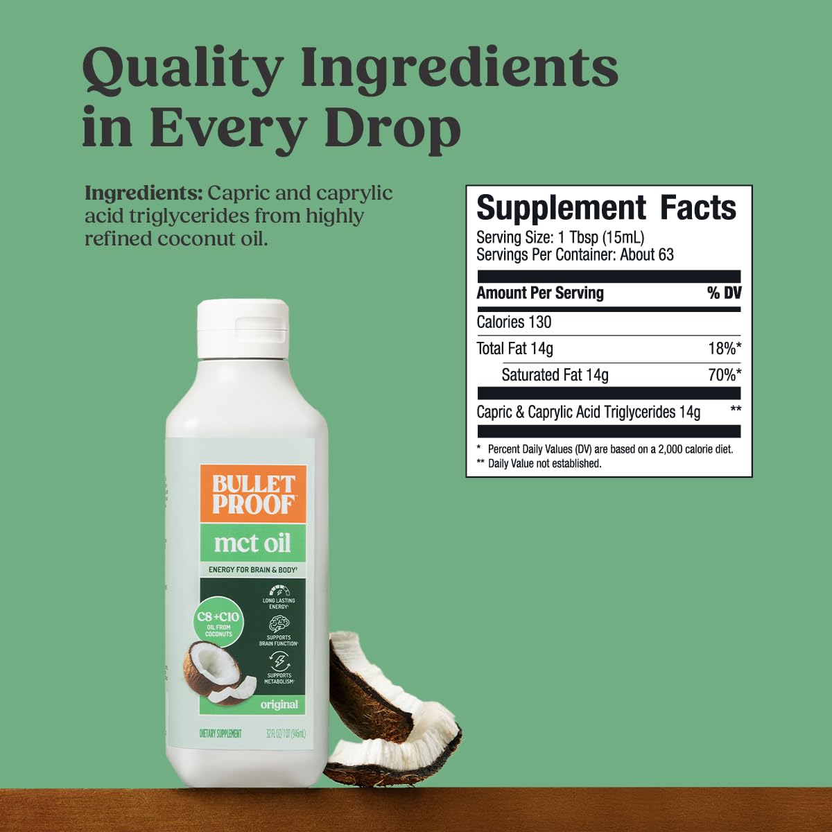 Bulletproof C8 & C10 MCT Oil, 100% Pure Coconut Oil, Triple-Distilled for Sustained Keto Energy, Unflavored, No Additives or Fillers, Non-GMO, 16 oz
