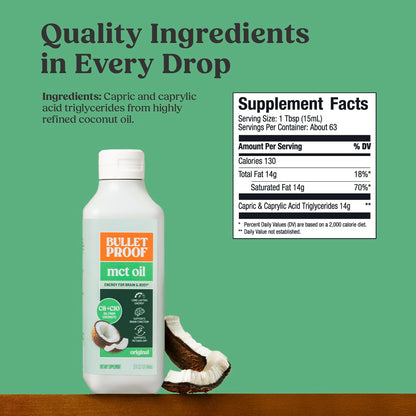Bulletproof C8 & C10 MCT Oil, 100% Pure Coconut Oil, Triple-Distilled for Sustained Keto Energy, Unflavored, No Additives or Fillers, Non-GMO, 16 oz