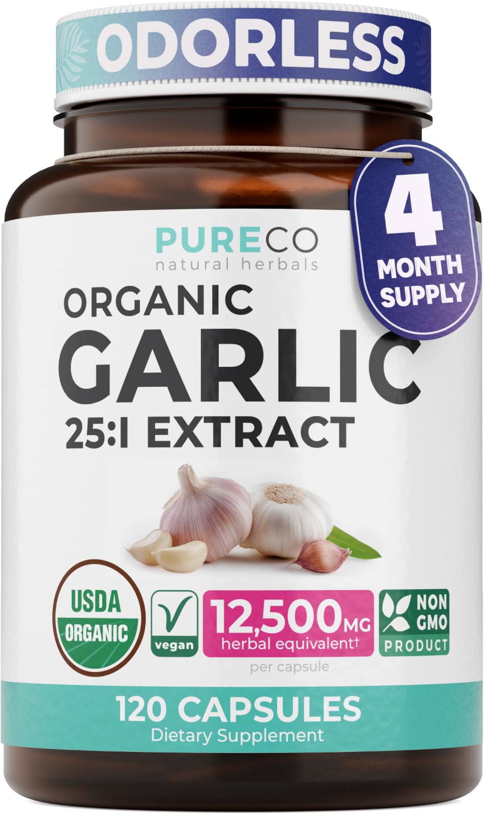 PURE CO USDA Organic Garlic Supplement - High Potency 25:1 Garlic Extract with 12,500mg Herbal Equivalent Strength for Immune & Heart Support - Odorless Vegan & Non-GMO (4 Month Supply)