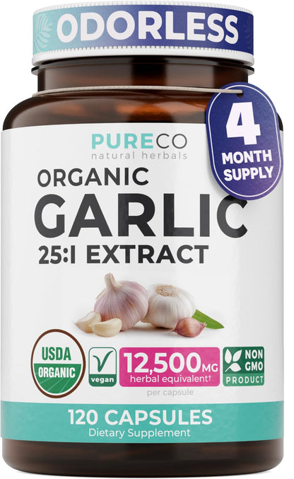PURE CO USDA Organic Garlic Supplement - High Potency 25:1 Garlic Extract with 12,500mg Herbal Equivalent Strength for Immune & Heart Support - Odorless Vegan & Non-GMO (4 Month Supply)