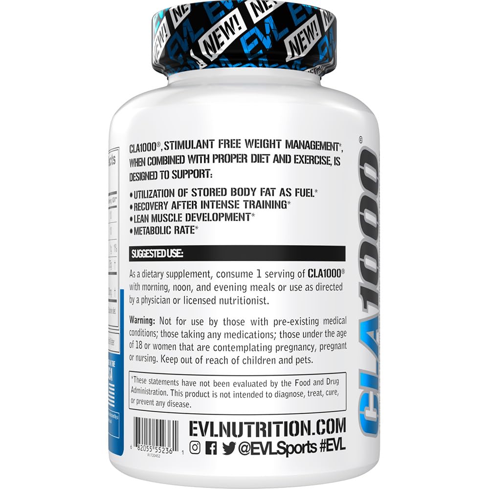 Evlution Conjugated Linoleic Acid CLA Supplement Nutrition Lean Muscle Mass Builder & Fat Burner for Men and Women - Stimulant-Free Safflower Based CLA 1000mg Blend Per Serving (90 Servings)