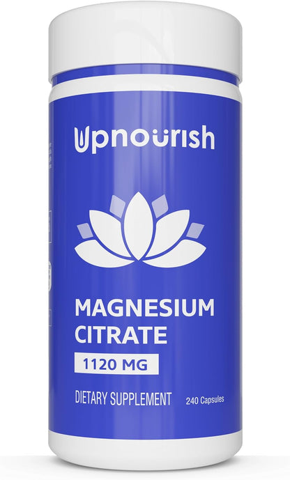 UpNourish Pure Magnesium Citrate (Citrato de Magnesio) 1120mg, 240 Capsules - High Absorption Magnesium Supplement for Women & Men - Natural Calm Magnesium for Constipation, Relax, Cramp Defense